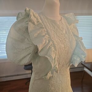 STELLA NOVA Ruffled Praire Embroidered Eyelet Midi Mint Green Dress Sz 36 Small